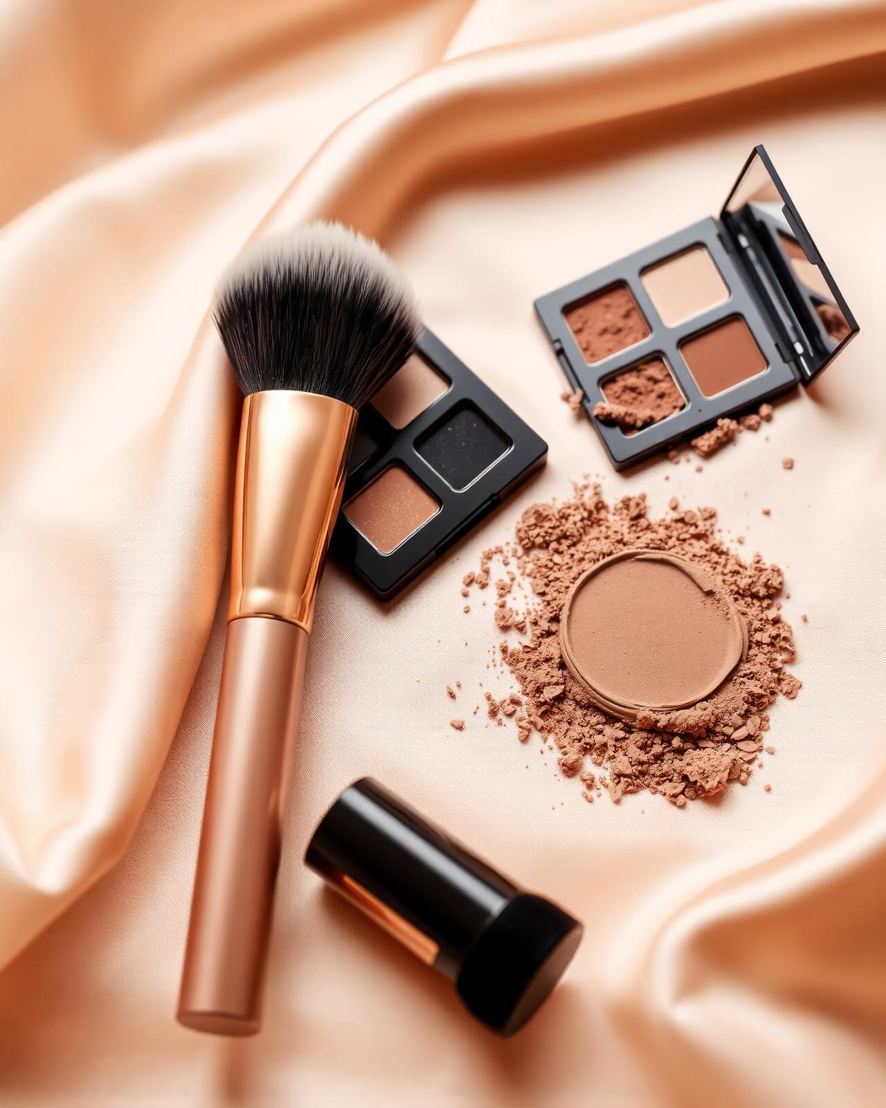 Luxury makeup tools on champagne silk